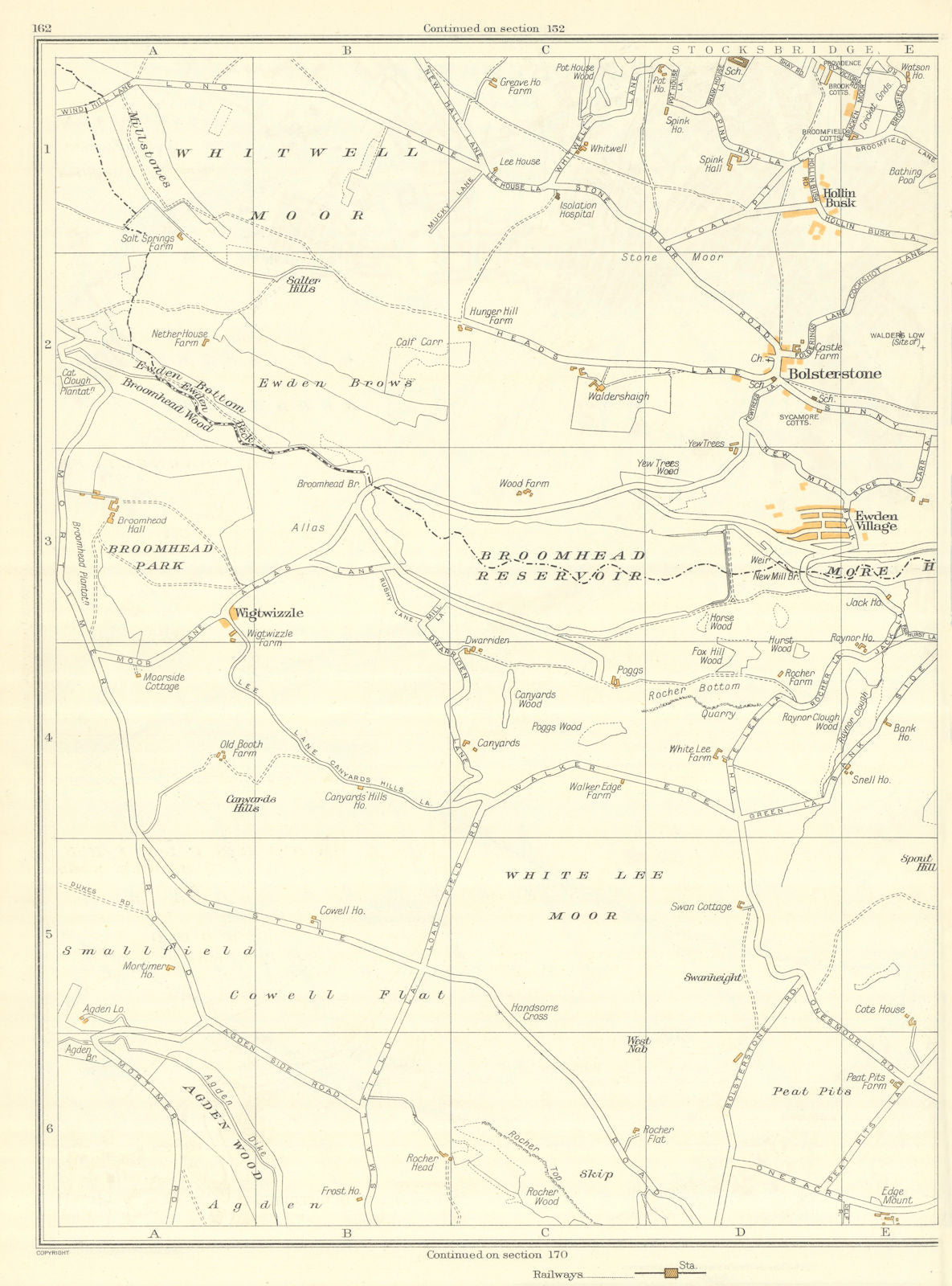 YORKSHIRE Bolstrestone Stocksbridge Broomhead Ewden Village Hollin Busk 1935 map